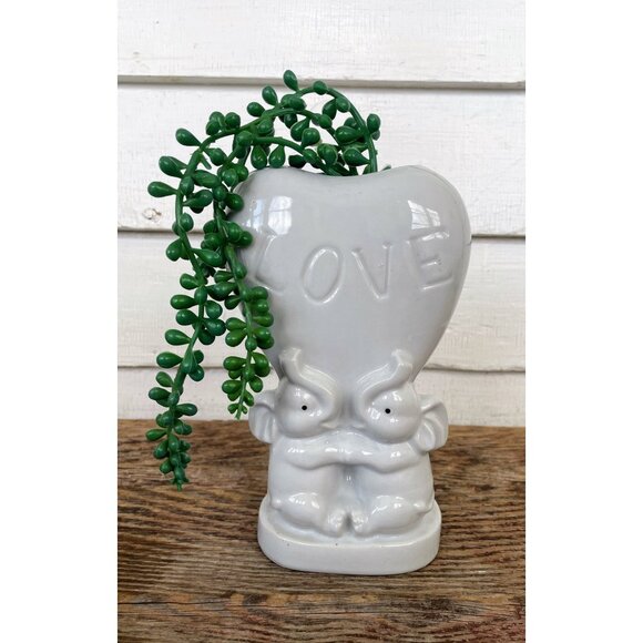 Vintage 1950s White Porcelain Elephant Heart Love Vase Planter - Picture 8 of 12
